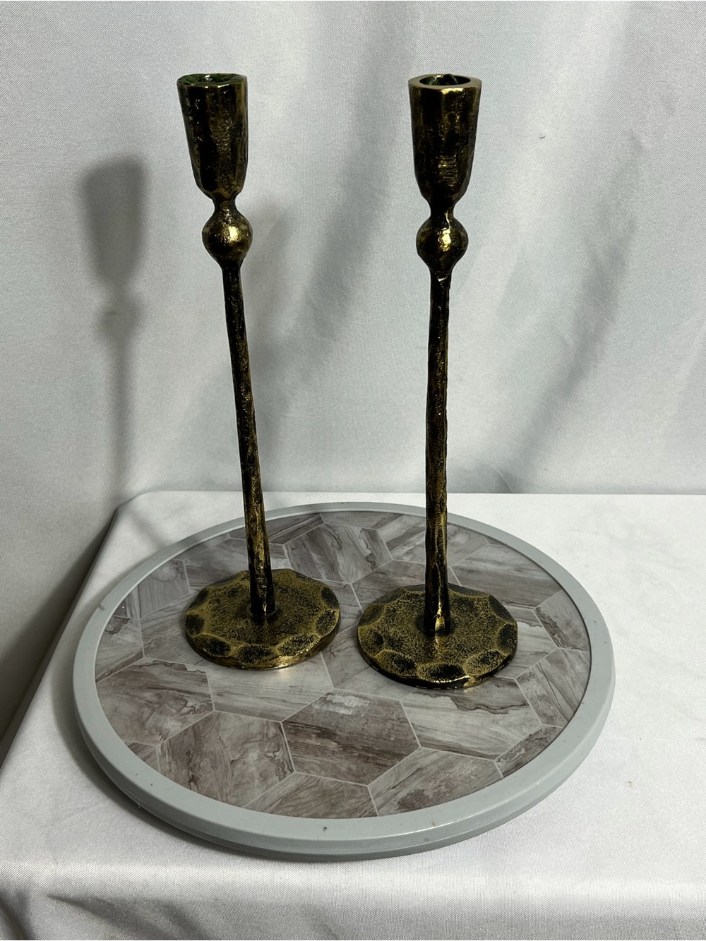 Vintage Brass Candle Holders Set Tall Taper Candlesticks Gold Hammered Pair
